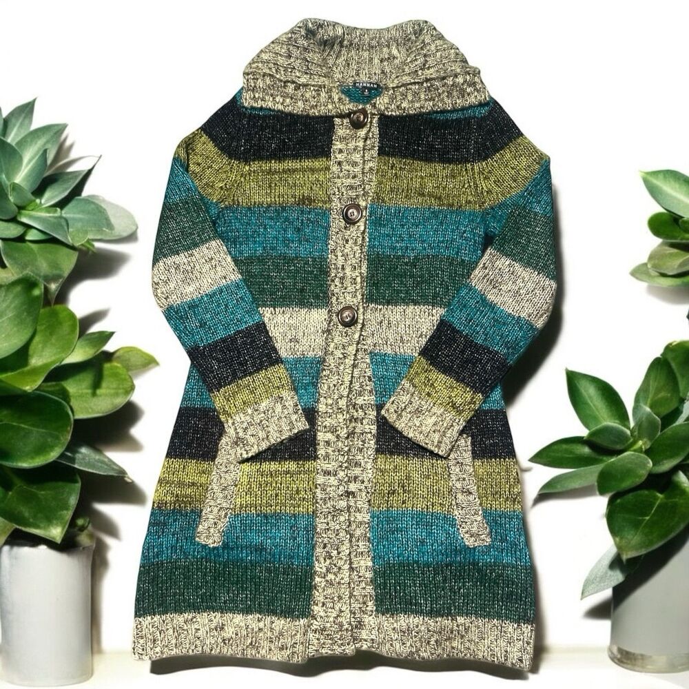 Hannah Women’s Cardigan Sweater Size Small Striped Knit Longline Shawl Collar